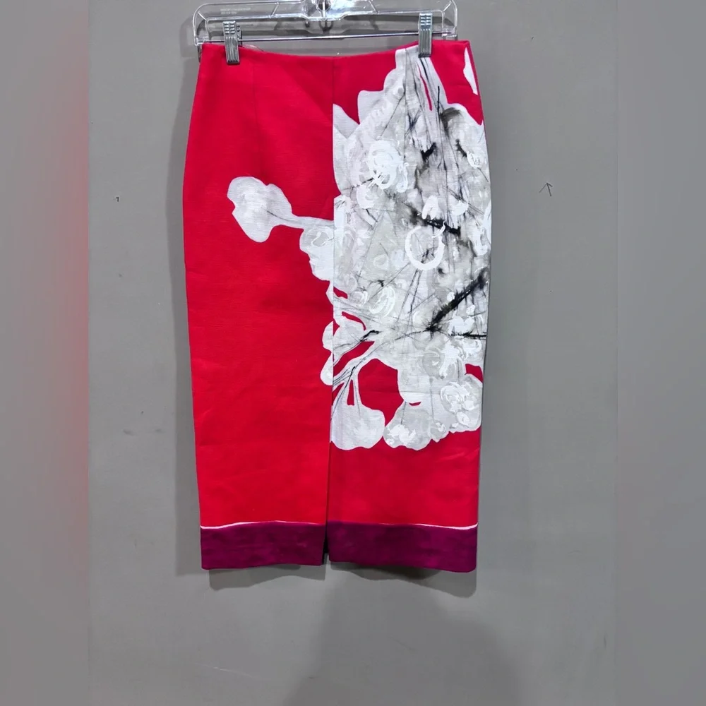 Zara Floral Pencil Skirt Red White Print Midi Linen Blend NWT Size S - Picture 4 of 6